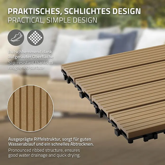 ECD Germany Terrassenfliese Bodenbelag 3m²/33 Stück Teak rutschfest Balkonfliesen - 30 cm x 30 cm x 20 mm, Teak - Helle, gerippte Verbund-Terrassenplatten. Praktisches, rutschfestes Design für gute Wasserableitung und schnelles Trocknen.