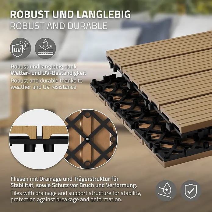 ECD Germany Terrassenfliese Bodenbelag 3m²/33 Stück Teak rutschfest Balkonfliesen - 30 cm x 30 cm x 20 mm, Teak - Hellbraune WPC-Terrassenfliesen mit schwarzem Kunststoffgitter für Drainage und Stabilität.