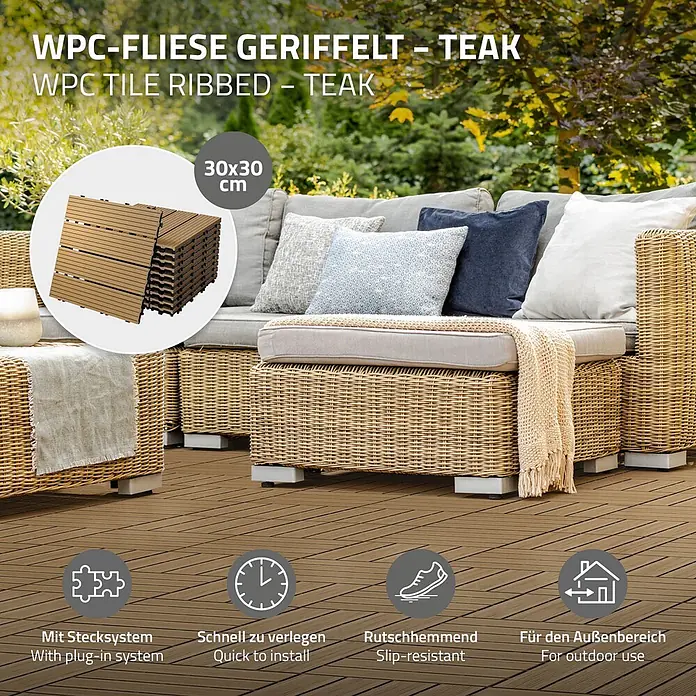 ECD Germany Terrassenfliese Bodenbelag 3m²/33 Stück Teak rutschfest Balkonfliesen - 30 cm x 30 cm x 20 mm, Teak - Geriffelte WPC-Terrassenfliesen in Teak-Optik, im Außenbereich verlegt.
