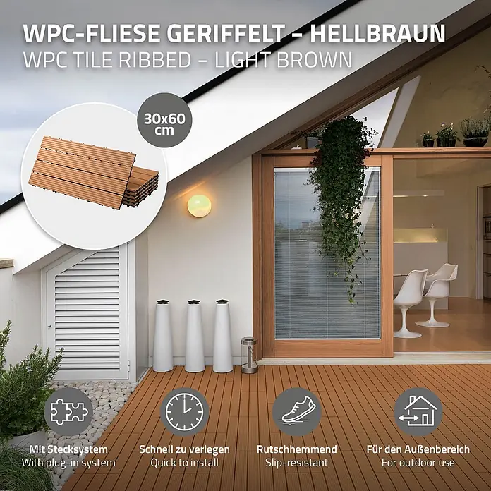 ECD Germany Terrassenfliese Bodenbelag 1m²/6 Stück Hellbraun rutschfest Balkonfliesen - Hellbraun - WPC-Terrassenfliesen, geriffelt, hellbraun, 30x60 cm, auf einer Außenterrasse verlegt.