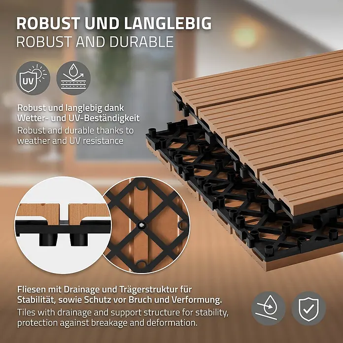 ECD Germany Terrassenfliese Bodenbelag 1m²/6 Stück Hellbraun rutschfest Balkonfliesen - Hellbraun - Hellbraune, ineinandergreifende Terrassenfliesen mit schwarzer Kunststoffunterlage, betont Robustheit, UV-Beständigkeit und Drainage.