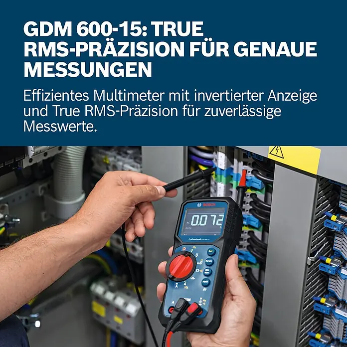 Bosch Professional Digital-Multimeter GDM 600-15 - 600 V, Blau, Schwarz - Bosch GDM 600-15 Multimeter mit invertierter Anzeige, von Hand in einer Elektroverteilung verwendet.
