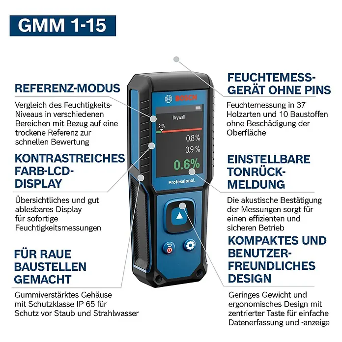 Bosch Feuchtigkeitsmessgerät GMM 1-15 - Messgenauigkeit: ± 0,4 mm/m, Mit Batterien - Blau-schwarzes Bosch GMM 1-15 Feuchtigkeitsmessgerät mit Digitalanzeige für Feuchtigkeitswerte und Bedientasten.
