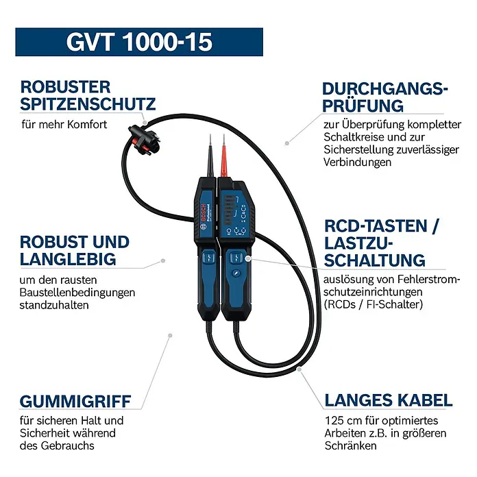 Bosch Professional Spannungsprüfer GVT 1000-15 - 1.000 V, Blau, Schwarz - Robuster blau-schwarzer Bosch GVT 1000-15 Spannungsprüfer mit Prüfspitzen und langem Kabel für elektrische Sicherheitstests.