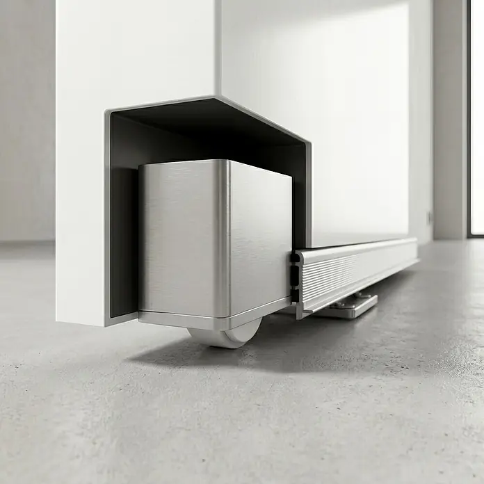 Entravia Schiebetür-Komplettset CleanSlide - 1.067 x 2.200 mm, Verkehrsweiß, Röhrenspan - Unterseite einer weißen Schiebetür oder -platte mit gebürstetem Metallmechanismus, Rolle und Bodenschiene.