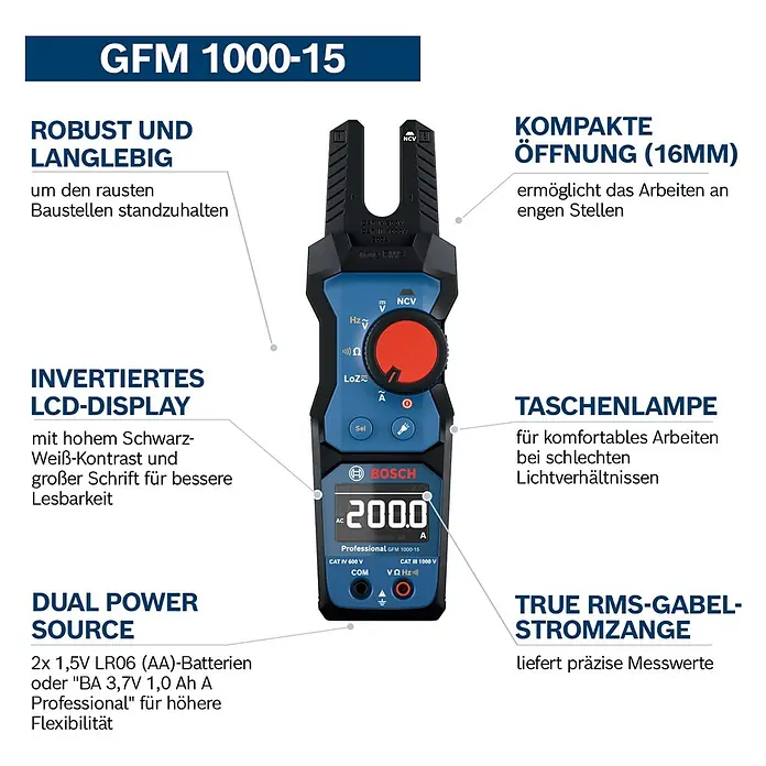 Bosch Professional Stromzange GFM 1000-15 - 1.000 V, Blau, Schwarz - Eine blau-schwarze Bosch GFM 1000-15 True RMS Gabel-Stromzange mit invertiertem LCD-Display und integrierter Taschenlampe.