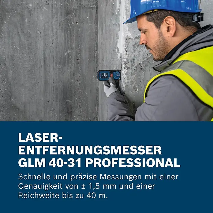 Bosch Professional Laserentfernungsmesser GLM 40-31 - Messgenauigkeit: Typisch: ± 1,5 mm, Mit Batterien - Mann misst mit Bosch GLM 40-31 Professional Laser-Entfernungsmesser eine Betonwand ab.