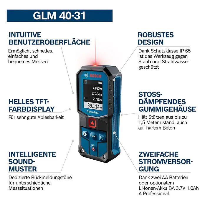 Bosch Professional Laserentfernungsmesser GLM 40-31 - Messgenauigkeit: Typisch: ± 1,5 mm, Mit Batterien - Blau-schwarzer Bosch GLM 40-31 Laser-Entfernungsmesser mit hellem Display und intuitiven Tasten.