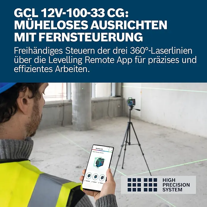 Bosch Professional Linienlaser GLL 12V-100-33 CG PRO - Max. Arbeitsbereich: 30 m - Mann steuert Bosch GCL 12V-100-33 CG Kreuzlinienlaser per App, der grüne 360°-Laserlinien in einem Raum projiziert.