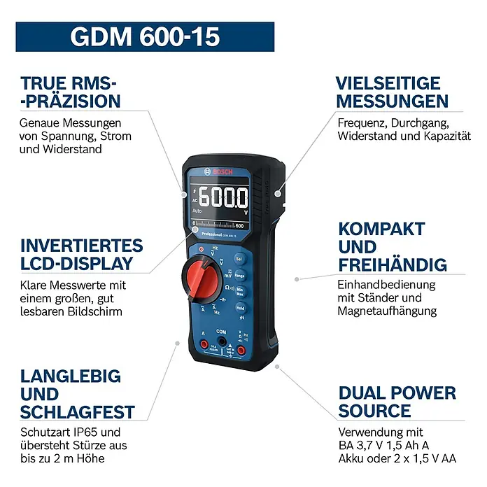 Bosch Professional Digital-Multimeter GDM 600-15 - 600 V, Blau, Schwarz - Ein schwarz-blaues Bosch GDM 600-15 Digitalmultimeter mit rotem Drehregler, das 600.0 V anzeigt. Es hat ein invertiertes LCD und vielfältige Messfunktionen.