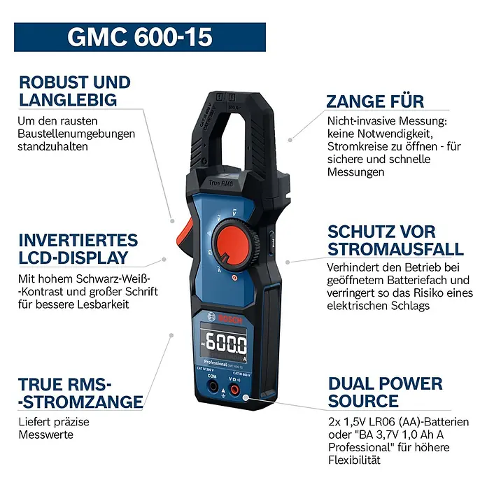 Bosch Professional Stromzange GMC 600-15 - 600 V, Blau, Schwarz - Eine blau-schwarze Bosch GMC 600-15 professionelle Stromzange mit Anzeige '600.0 A'.