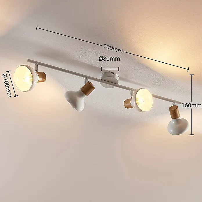 Lindby Deckenstrahler Fridolin - weiß / opal, weiß / opal, E14 - Weiße 4-flammige Deckenleuchte mit Holzdetails. Maße: 700x160mm, Spot Ø100mm, Basis Ø80mm.