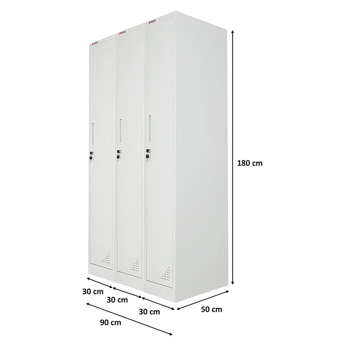 Proregal Spind Mega Deal 3x ELEPHANT 1 Abteil - H x B x T: 180 x 30 x 50 cm, Grau, Zerlegt, Anzahl Fächer: 1 Stk. - Dreitüriger weißer Metallspind mit Schlössern und Belüftung.