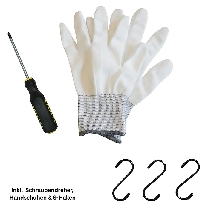 Proregal Spind ELEPHANT 3 Abteile - Grau, Zerlegt, Anzahl Fächer: 3 Stk. - Set mit Schraubendreher (schwarz-gelb), weißen Stoffhandschuhen mit grauen Bündchen und drei schwarzen S-Haken.