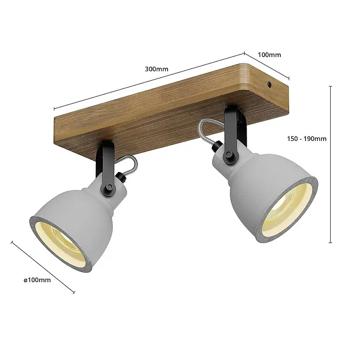 Lindby Deckenstrahler Mitis - Holz dunkel, alu / grau / zink, GU10 - Zweiflammiger Strahler mit natürlichem Holzsockel und zwei verstellbaren grauen Leuchtköpfen.