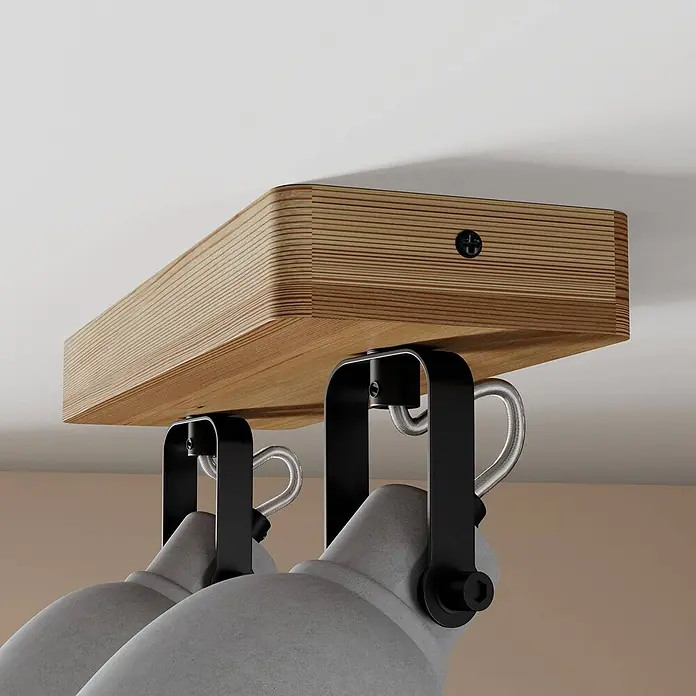 Lindby Deckenstrahler Mitis - Holz dunkel, alu / grau / zink, GU10 - Deckenstrahler: geschichtete Holzleiste, zwei graue Beton-Leuchtköpfe, schwarze Metallhalterungen.
