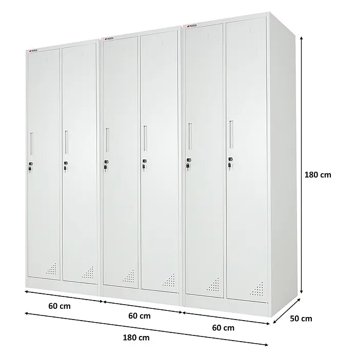 Proregal Spind Mega Deal 3x ELEPHANT 2 Abteil - Grau, Zerlegt, Anzahl Fächer: 2 Stk. - Sechstüriger, hellgrauer Metallspind mit Einzelschlössern und Lüftung, 180x180x50 cm.