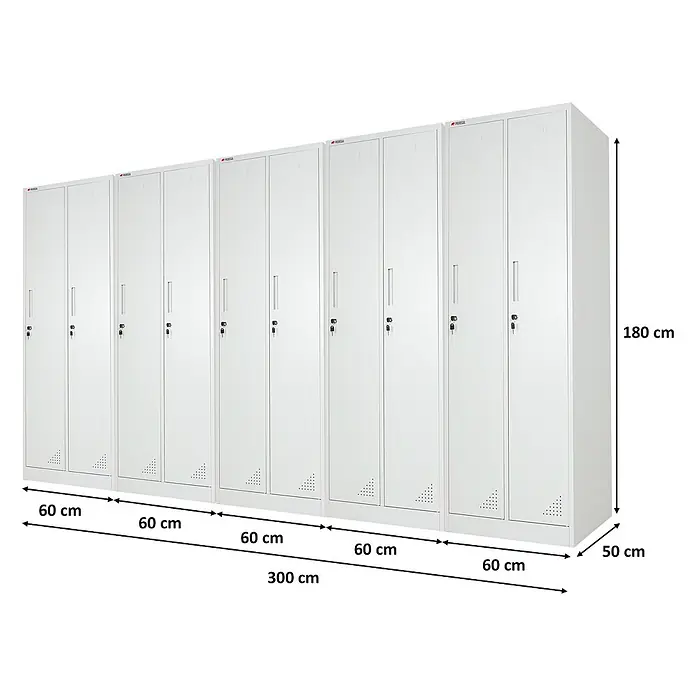 Proregal Spind Mega Deal 5x ELEPHANT 2 Abteil - Grau, Zerlegt, Anzahl Fächer: 2 Stk. - Fünf weiße Metallspinde, 300x180x50 cm, mit Lüftung und Einzelschlössern, ideal für Büros oder Umkleiden.