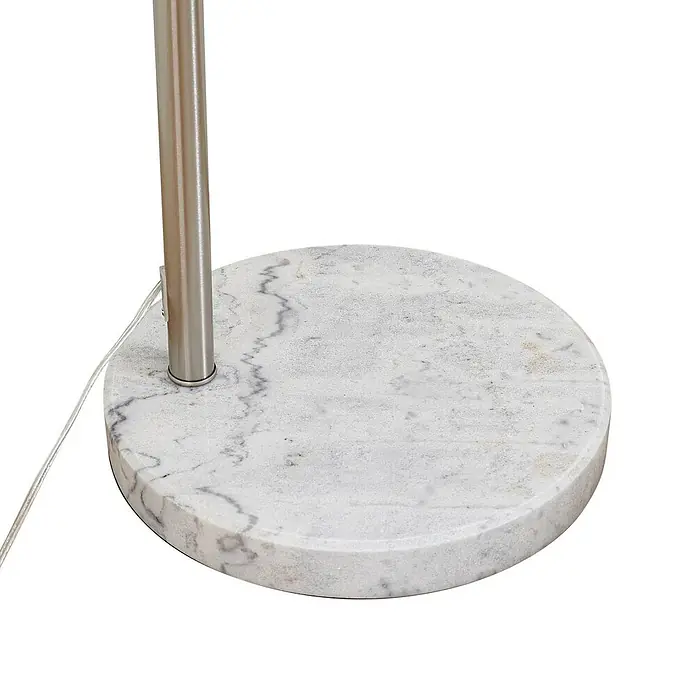 Lindby Stehleuchte Alverton - Höhe: 197 cm, alu / grau / zink, weiß / opal, E27 - Runder Lampenfuß aus weißem Marmor mit grauer Maserung, silberner Metallstange und transparentem Netzkabel.