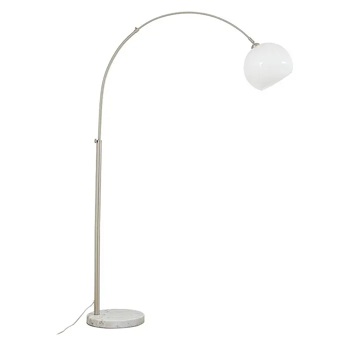 Lindby Stehleuchte Alverton - Höhe: 197 cm, alu / grau / zink, weiß / opal, E27 - Bogenstehlampe mit gebürstetem Silbergestell, weißem Glaskugelschirm und rundem weißen Marmorsockel.