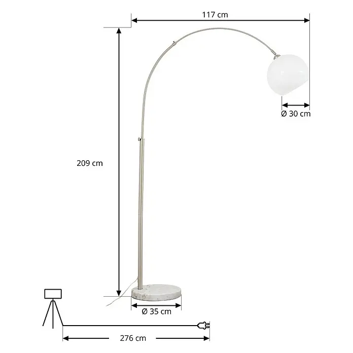 Lindby Stehleuchte Alverton - Höhe: 197 cm, alu / grau / zink, weiß / opal, E27 - Silberfarbene Bogenstehlampe mit weißem Kugelschirm und rundem, hellem Marmorfuß.