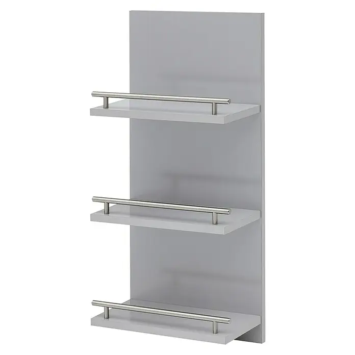 Schildmeyer Niko Regal - 30 x 17,5 x 70 cm, Silber/Anthrazit - Ein graues Wandregal mit drei Ablagen und silbernen Relingstangen, ideal für Bad oder Küche. Schlichtes Design für moderne Einrichtung.