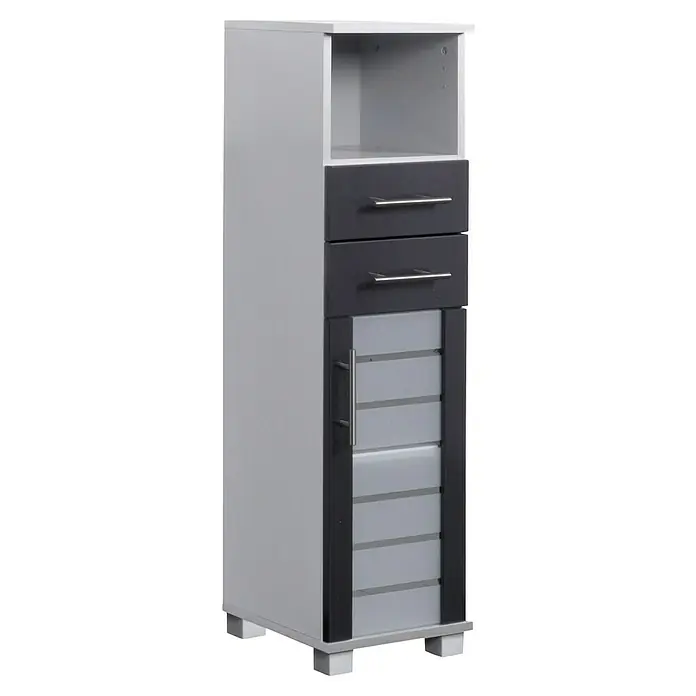 Schildmeyer Niko Highboard HBA300 - 30 x 32,5 x 110,5 cm, Silber/Anthrazit - Schmaler Hochschrank in Weiß und Anthrazit mit Regalfach, Schubladen und Tür. Praktisch und modern für mehr Stauraum im Bad.