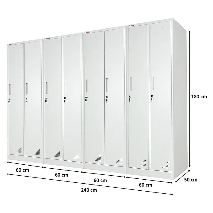 Proregal Spind Mega Deal 4x ELEPHANT 2 Abteil komplett montiert - Grau, Fertig montiert, Anzahl Fächer: 2 Stk. - Weißer Metallspind mit 4 Sektionen, jede mit zwei Schließfächern, 60cm breit, 180cm hoch, 50cm tief, mit Schlössern und Schlüsseln.