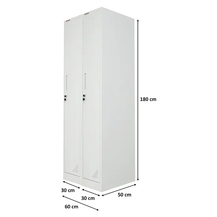 Proregal Spind Mega Deal 2x ELEPHANT 1 Abteil - H x B x T: 180 x 30 x 50 cm, Grau, Zerlegt, Anzahl Fächer: 1 Stk. - Weißer zweitüriger Metallspind mit Griffen, Schlössern, Schlüsseln und Lüftungsschlitzen, 180 cm hoch, 60 cm breit, 50 cm tief.