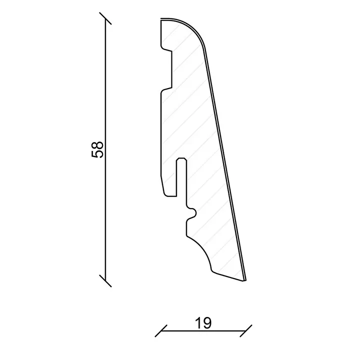 Profiles and more Sockelleiste SU60L Eiche Nevada - 250 cm x 19 mm x 58 mm, Fichte, Eiche - Abbildung eines 58 mm hohen und 19 mm breiten Profils, das für Verkleidungen oder Zierleisten verwendet werden kann.