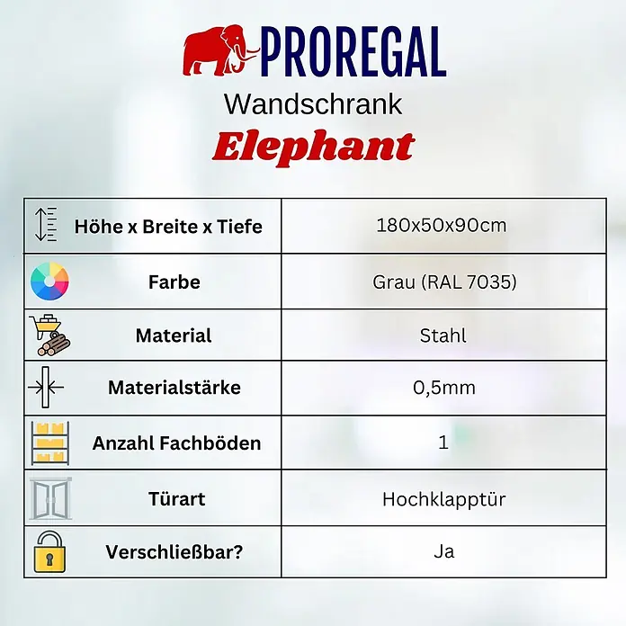 Proregal Spind ELEPHANT 3 Abteile - Grau, Zerlegt, Anzahl Fächer: 3 Stk. - PROREGAL Wandschrank Elephant aus Stahl, grau (RAL 7035), 180x50x90cm, mit einem Fachboden, Hochklapptür und verschließbar.