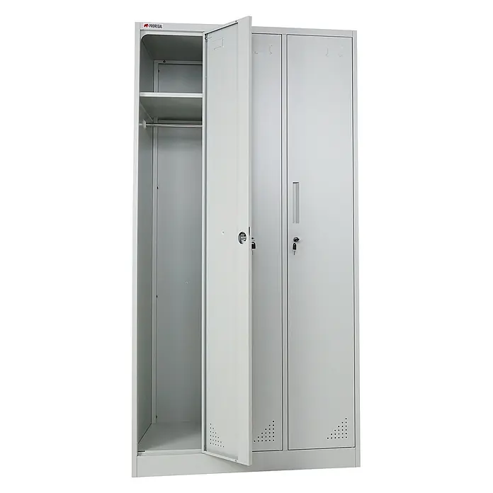 Proregal Spind ELEPHANT 3 Abteile - Grau, Zerlegt, Anzahl Fächer: 3 Stk. - Grauer zweitüriger Metallschrank, eine Tür offen mit Regal und Kleiderstange innen.