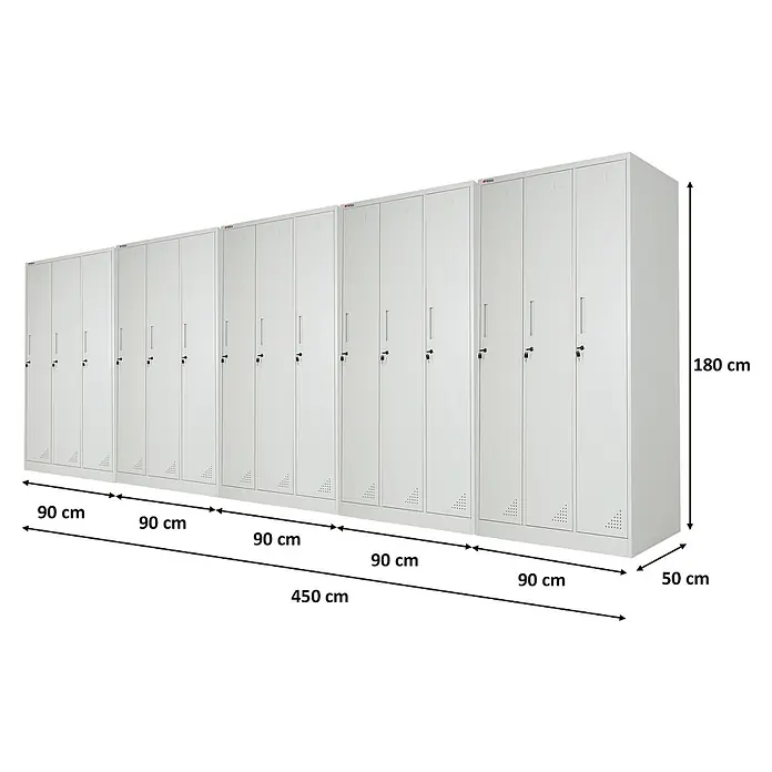Proregal Spind Mega Deal 5x ELEPHANT 3 Abteil - Grau, Zerlegt, Anzahl Fächer: 3 Stk. - Fünf hellgraue Metallspinde, je mit 3 Fächern, 450 cm breit, 180 cm hoch, 50 cm tief.