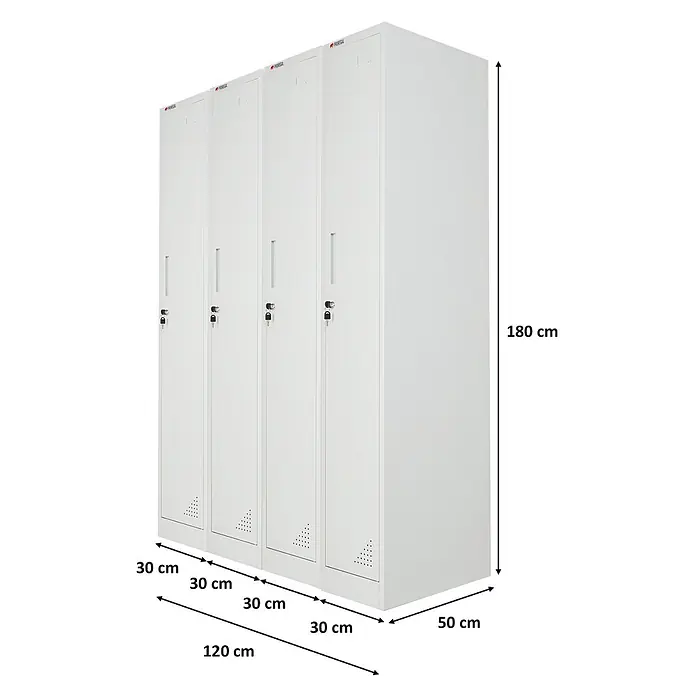 Proregal Spind Mega Deal 4x ELEPHANT 1 Abteil - H x B x T: 180 x 30 x 50 cm, Grau, Zerlegt, Anzahl Fächer: 1 Stk. - Weißer viertüriger Metallspind mit Belüftung, 120x50x180 cm.