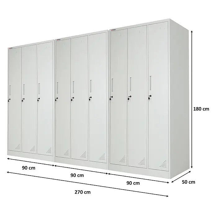 Proregal Spind Mega Deal 3x ELEPHANT 3 Abteil - Grau, Zerlegt, Anzahl Fächer: 3 Stk. - Hellgraues Metallschließfachsystem mit 9 abschließbaren Fächern. Maße: 270x180x50 cm.