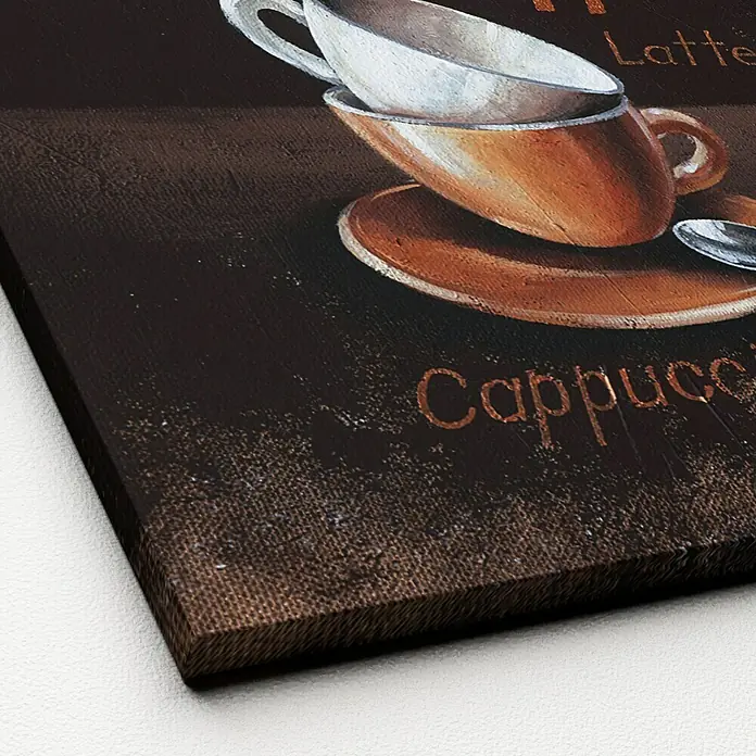 ProArt Leinwandbild - Kitchenscenery I, B x H: 50 x 50 cm - Nahaufnahme eines Kunstdrucks auf Leinwand, der Kaffeetassen und Schriftzüge zeigt, ideal für die Küchendekoration.