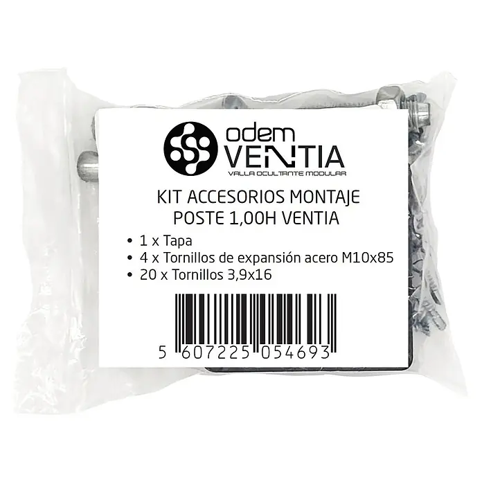 Kit de accesorios para valla Ventia - Antracita, 25 pzs., Específico para: Valla de aluminio Ventia de 1 m - Kit montaje poste Ventia: tapa, 4 tornillos de expansión M10x85, 20 tornillos 3,9x16, en bolsa transparente.