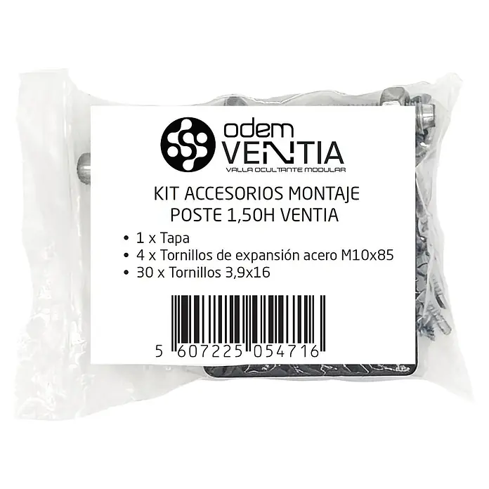 Kit de accesorios para valla Ventia - Antracita, 25 pzs., Específico para: Valla de aluminio Ventia de 1,5 m - Bolsa de plástico transparente con etiqueta blanca para kit de montaje poste 'odem VENTIA', con tapa, 4 tornillos de expansión M10x85 y 30 tornillos 3,9x16.