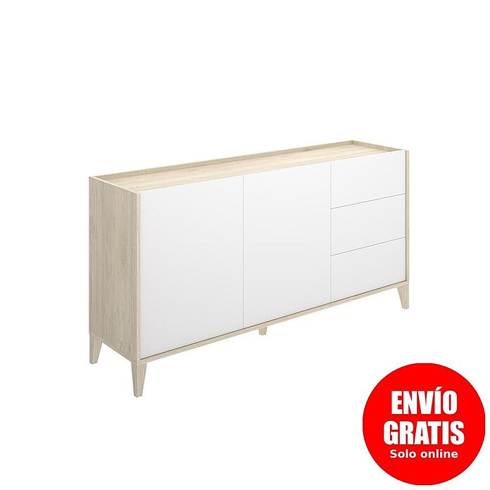 Dekit Bari Aparador (L x An x Al: 40 x 150 x 77,5 cm, Roble Natural/Blanco, Número de cajones: 3 ud., Número de puertas: 2 ud.) | BAUHAUS