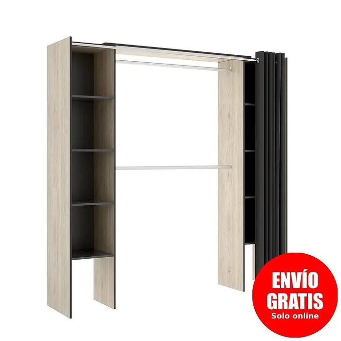 Dekit Armario para ropa Suit - L x An x Al: 50 x 178 x 205 cm, Natural/Grafito, Melamina - Sistema de armario abierto en madera clara y gris oscuro, con estantes, dos barras de colgar y una cortina negra.