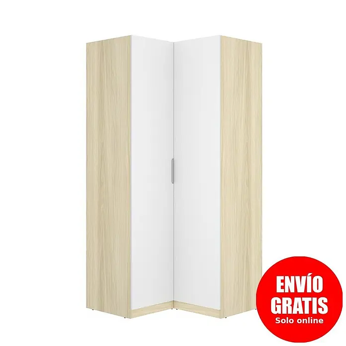 Dekit Armario para ropa Emax - L x An x Al: 95 x 96,9 x 203,5 cm, Roble claro/Blanco, Rinconero - Armario esquinero de efecto madera clara y blanco con dos puertas.