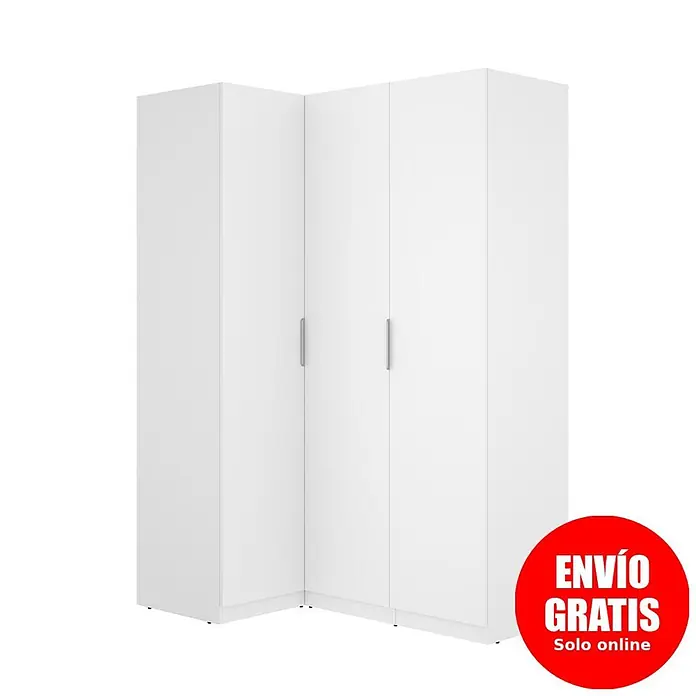Dekit Armario para ropa Emax - L x An x Al: 95 x 142,2 x 203,5 cm, Blanco, Rinconero - Armario esquinero blanco con varias puertas y tiradores plateados.
