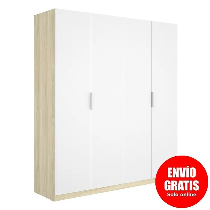 Dekit Armario para ropa Emax - L x An x Al: 51,4 x 182,1 x 203,5 cm, Roble claro/Blanco, Número de puertas: 4 ud. - Armario blanco de 4 puertas con laterales y base de madera clara, con tiradores plateados.