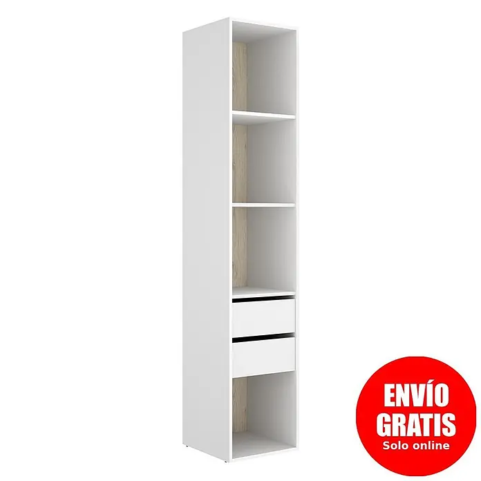 Dekit Armario para ropa Suit - L x An x Al: 45 x 45 x 204,5 cm, Blanco/Natural, Trasera reversible - Estantería alta blanca con detalles interiores de madera clara y dos cajones.