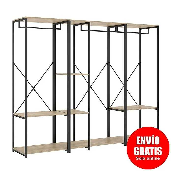 Dekit Armario para ropa Trok - L x An x Al: 40,4 x 210 x 167 cm, Negro/Roble, Melamina - Gran sistema de armario abierto con estructura de metal negro, estantes de madera clara y barras para colgar.