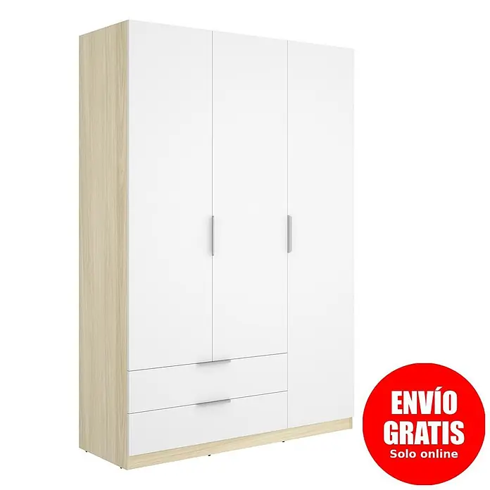 Dekit Armario para ropa Emax - L x An x Al: 51,4 x 136,6 x 203,5 cm, Roble claro/Blanco, Número de cajones: 2 ud. - Armario blanco de tres puertas con dos cajones y laterales y zócalo con efecto madera clara, con tiradores metálicos verticales.