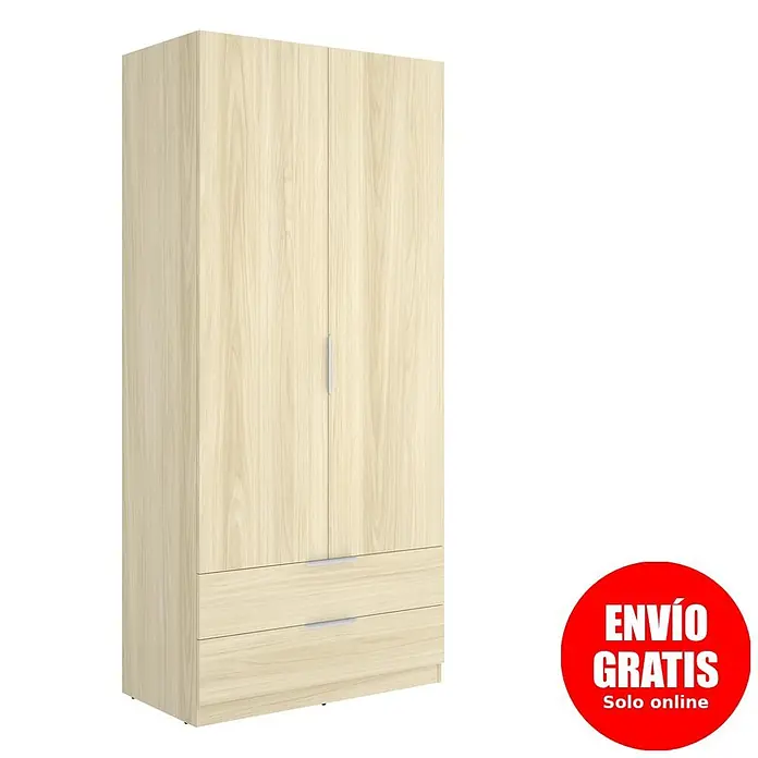 Dekit Armario para ropa Emax - L x An x Al: 51,4 x 91 x 203,5 cm, Roble claro, Número de cajones: 2 ud. - Armario de madera clara con dos puertas y dos cajones inferiores.
