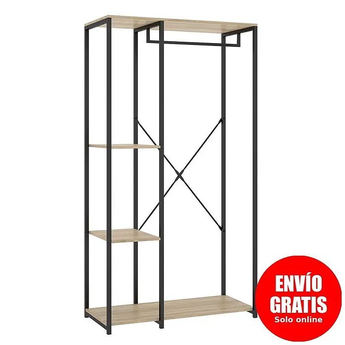 Dekit Armario para ropa Trok - L x An x Al: 40,4 x 90 x 167 cm, Negro/Roble, Acero/Melamina - Armario abierto de metal negro con estantes de madera clara y barra para colgar ropa y guardar.