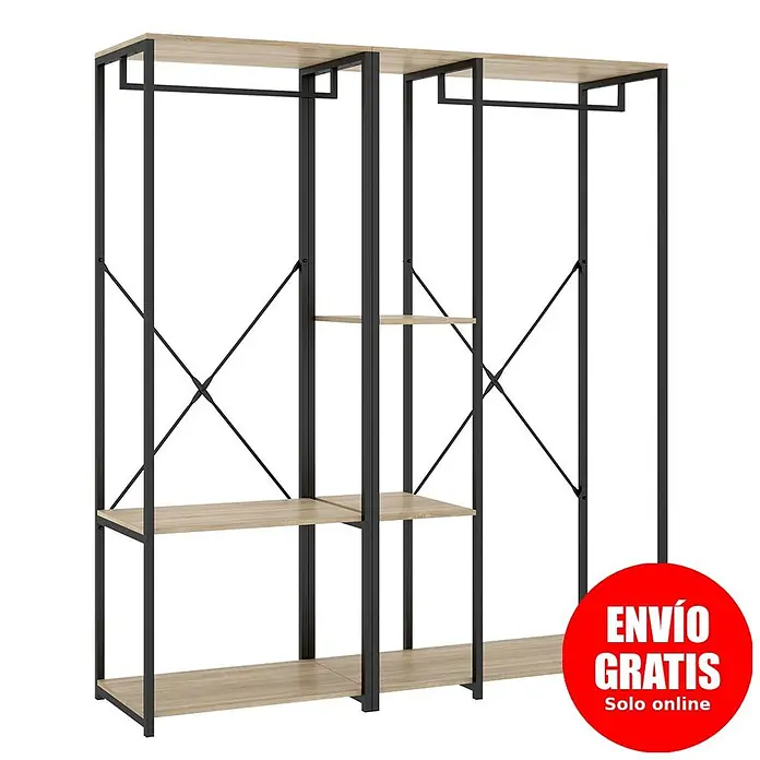 Dekit Armario para ropa Trok - L x An x Al: 40,4 x 150 x 167 cm, Negro/Roble, Acero/Melamina - Armario abierto independiente con estructura de metal negro, estantes de madera clara y barras para colgar.