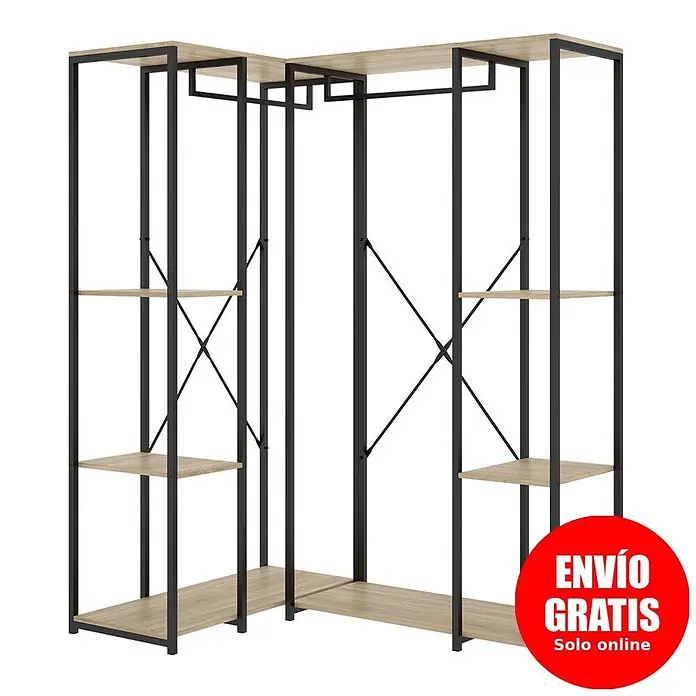 Dekit Armario para ropa Trok - L x An x Al: 130,4 x 90 x 167 cm, Negro/Roble, Acero/Melamina - Armario esquinero abierto en forma de L con estructura de metal negro y estantes efecto madera clara.